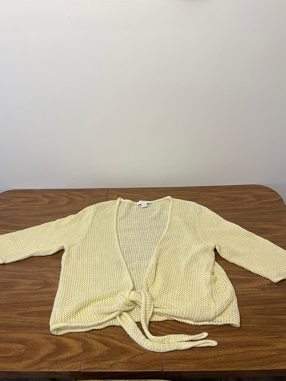 Butter Yellow Crochet Quarter Sleeve Open Knit Tie Front Women’s Sweater